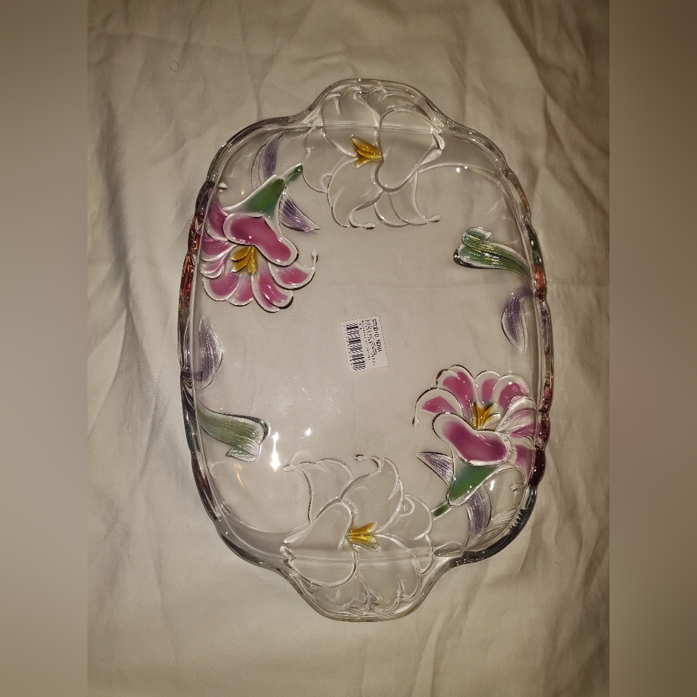 Vintage Crystal Clear Studio Nova 15in Platter STAR GAZER LILLIES  Hand Painted